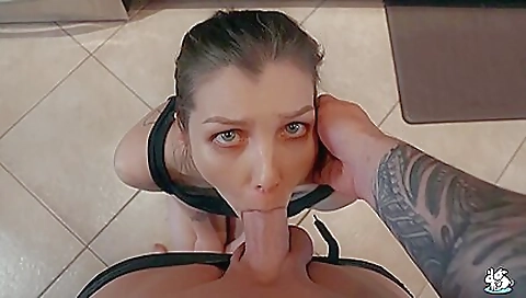 A sexy brunette is getting her pussy spanked and banged