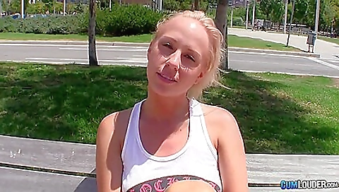 Blonde teen with small tits and big booty takes a big cock