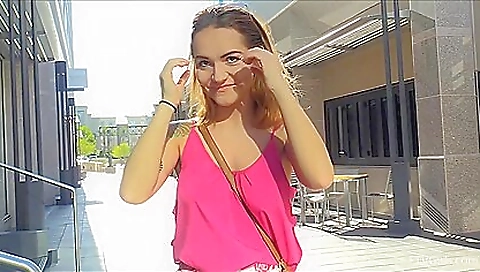 Busty brunette nude chick peeping on a dude outside