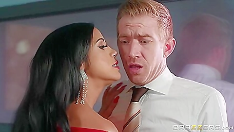 Buxom brunette with big tits gets a huge dildo in her mouth