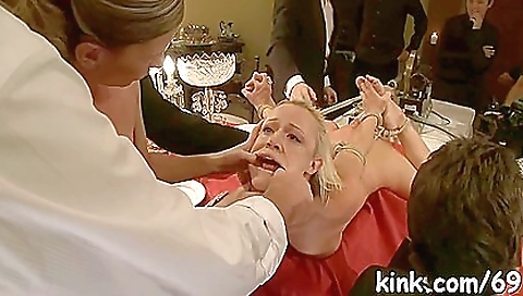 Blonde slave girl in a group of humpers fucked hard