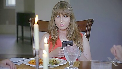 Busty redhead milf in white top and sexy stockings