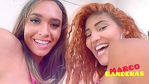 Busty brunette and redhead are making a threesome in POV