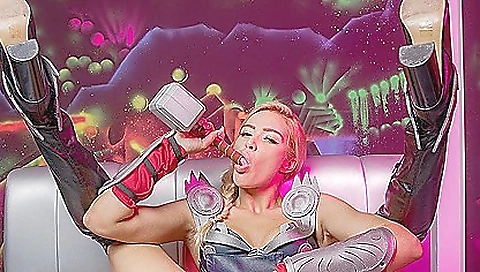 Sexy blonde in pink dress and a white blouse is in vr porn