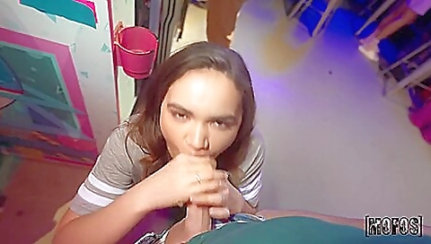 Big-boobied brunette with tattooed nipples fucks a stranger