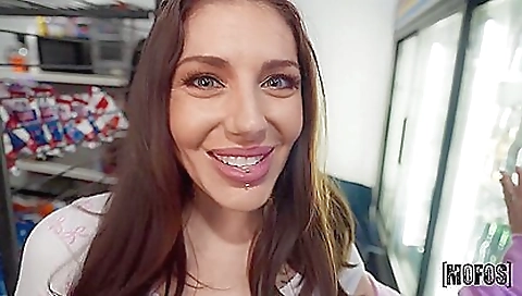 Sexy brunette slut gets on her knees and gets fucked