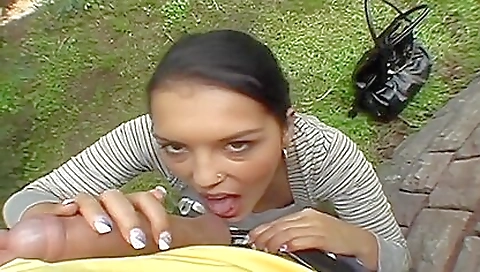 Sexy lady gets her ass and pussy naked and has outdoor sex